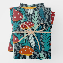 アマニタの魔法のキノコのシダのパターンのギフト ラッピングペーパーシート