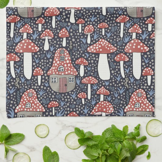 アマニタマジカルマッシュルームヴィレッジキュートイラストレーション キッチンタオル (折り畳み)
