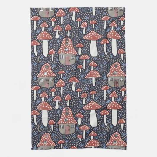 アマニタマジカルマッシュルームヴィレッジキュートイラストレーション キッチンタオル (縦)