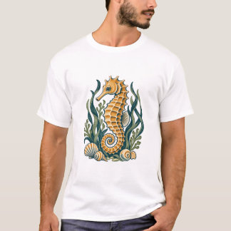 アマモと貝殻の黄金のタツノオトシゴ Tシャツ