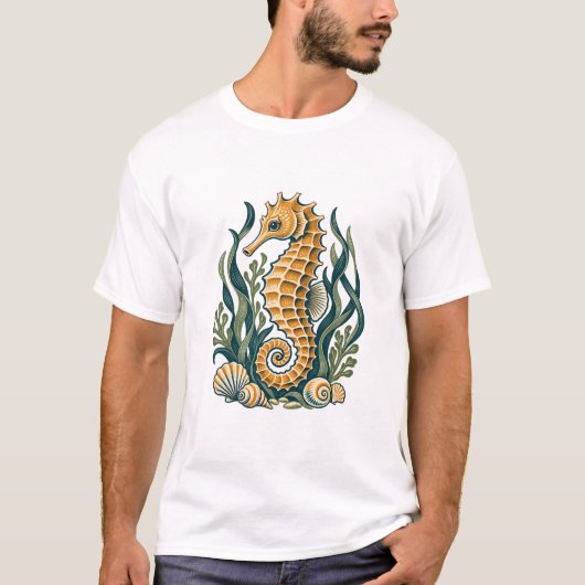 アマモと貝殻の黄金のタツノオトシゴ Tシャツ (正面)