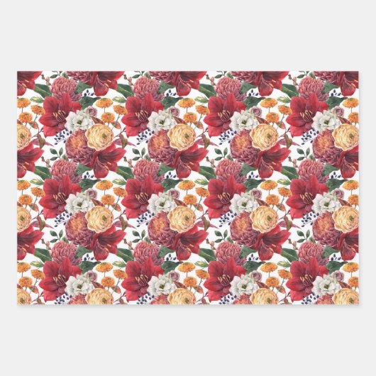 アマリリスとキクの花柄 ラッピングペーパーシート (正面3)