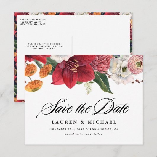 アマリリスと秋の花々QRコードSave the Date 案内ポストカード (正面/裏面)