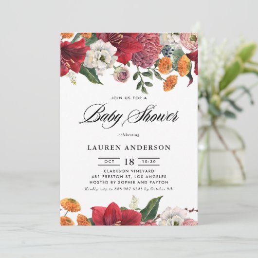 アマリリスとMums植物冬の赤ちゃんシャワー 招待状 (スタンド正面)