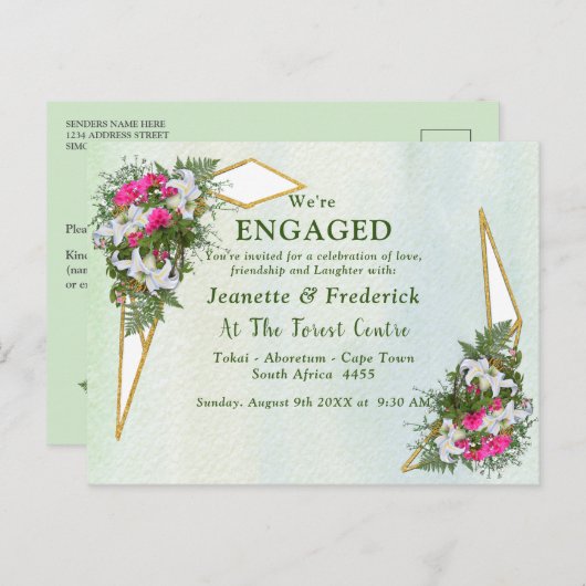 アマリリスのユリ、シダと赤ピンクの花 インビテーションポストカード (正面/裏面)