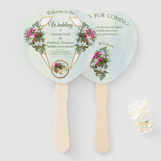 アマリリス白いユリ、シダの花束 ハンドファン (正面&裏面)