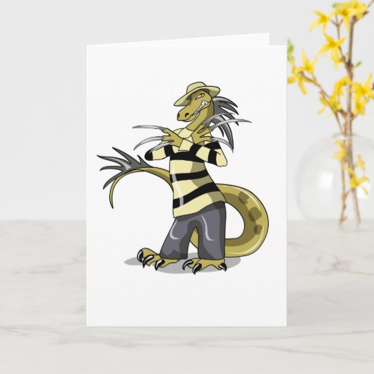 アマルガサウルスがフレディ・クルーガーとしてポーズを取った カード (黄色い花)