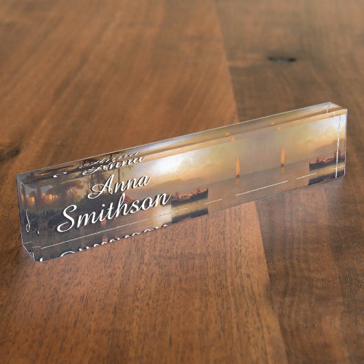 アマルフィの日没の海のイタリアのボートの名札 デスクネームプレート (側面)