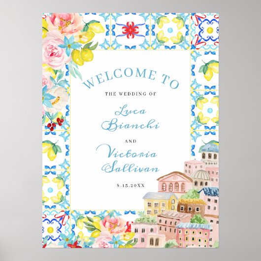 アマルフィアイコーストブルーイタリアンタイル結婚ズ・ウェルカム ポスター (正面)