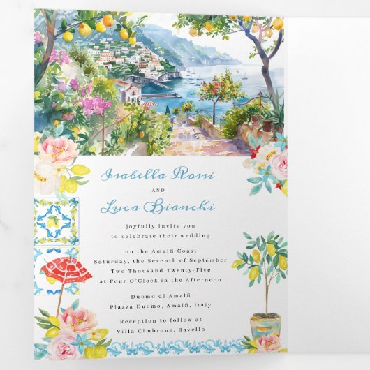 アマルフィイタリアンコースト地中海の結婚ーズ 三つ折り招待状 (内部最初)
