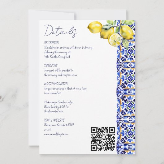 アマルフィイタリアンーの青いタイルのレモンが一つ一つ結婚に入る 招待状 (裏面)