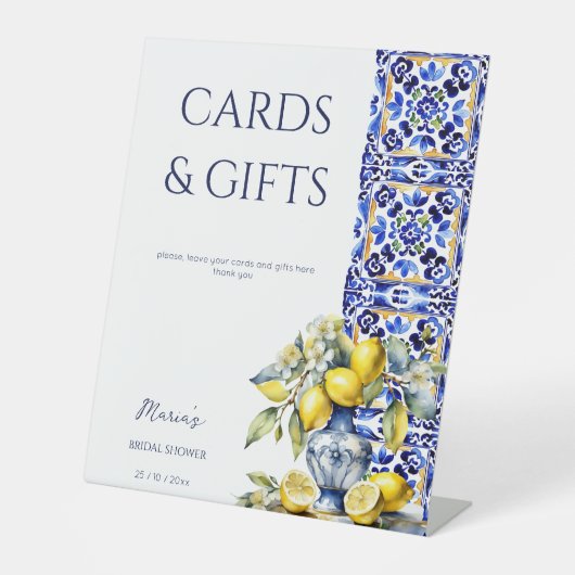 アマルフィイタリアンーの青いタイルのレモンのブライダルギフト 台座サイン (正面)