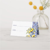 アマルフィイタリアンーの青いタイルのレモンの名前とテーブル プレイスカード (正面)