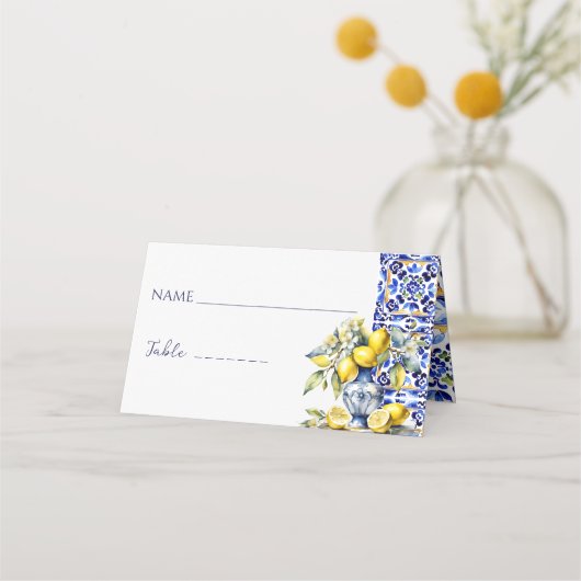 アマルフィイタリアンーの青いタイルのレモンの名前とテーブル プレイスカード (正面)