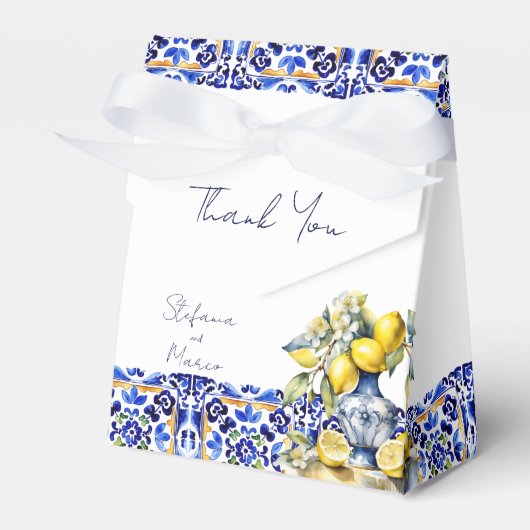 アマルフィイタリアンーの青いタイル結婚レモンの印刷 フェイバーボックス (正面サイド)