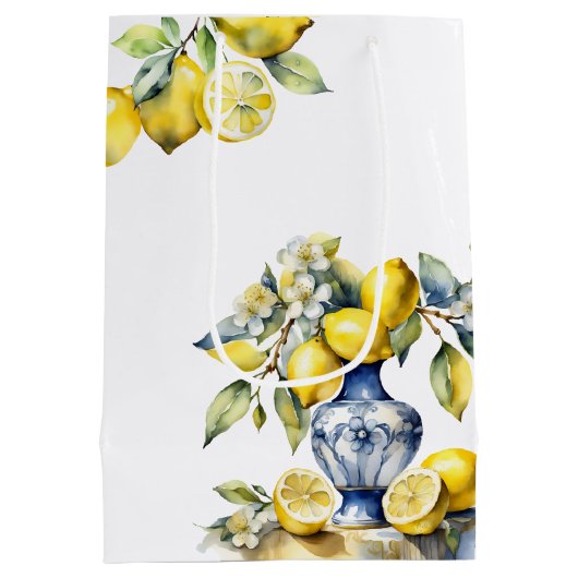 アマルフィイタリアンーの青いタイル結婚レモンの歓迎 ミディアムペーパーバッグ (裏面)