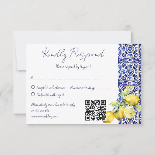 アマルフィイタリアンーの青いタイル結婚レモン 出欠カード (正面)