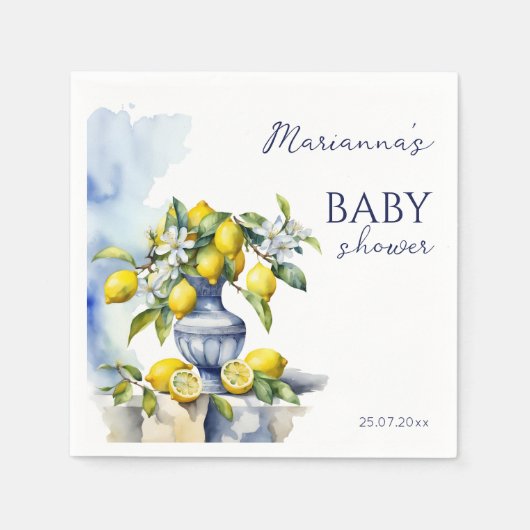 アマルフィイタリアンーの青い花瓶レモンの赤ちゃんシャワー印刷 スタンダードカクテルナプキン (正面)