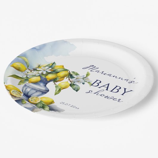 アマルフィイタリアンーの青い花瓶レモンの赤ちゃんシャワー印刷 ペーパープレート (アングル)