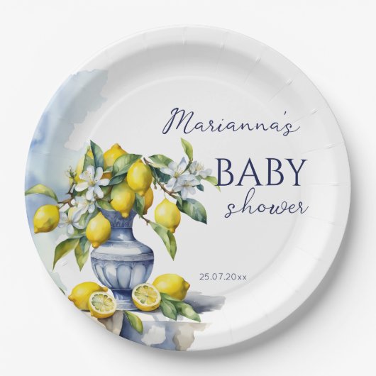 アマルフィイタリアンーの青い花瓶レモンの赤ちゃんシャワー印刷 ペーパープレート (正面)