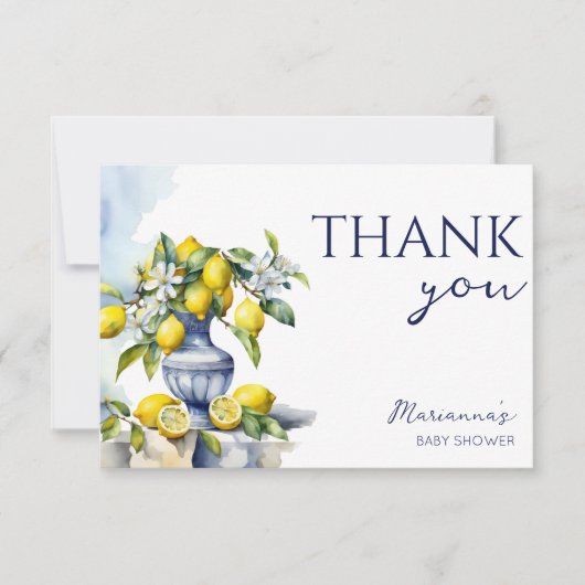 アマルフィイタリアンーの青い花瓶レモンの赤ちゃんシャワー サンキューカード (正面)