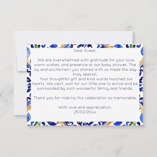 アマルフィイタリアンーの青い花瓶レモンの赤ちゃんシャワー サンキューカード (裏面)
