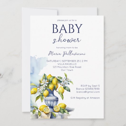 アマルフィイタリアンーの青い花瓶レモンの赤ちゃんシャワー 招待状 (正面)