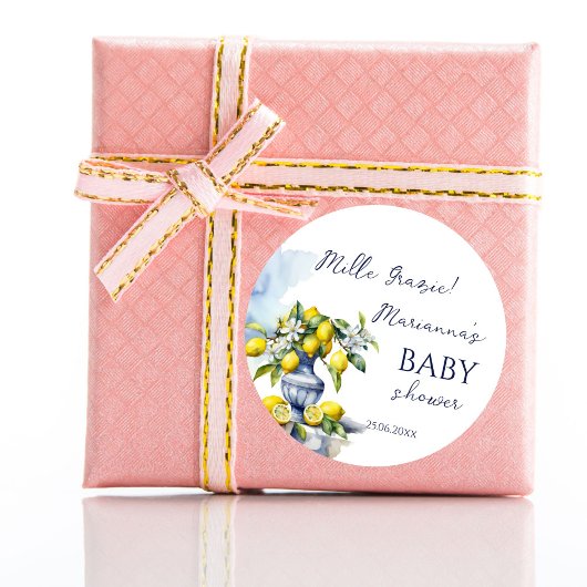 アマルフィイタリアンーの青い花瓶レモンベイビーシャワーのお願い ラウンドシール