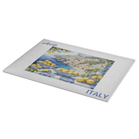 アマルフィイタリアンー海岸の青い白いタイルのレモンを表示 カッティングボード (角)