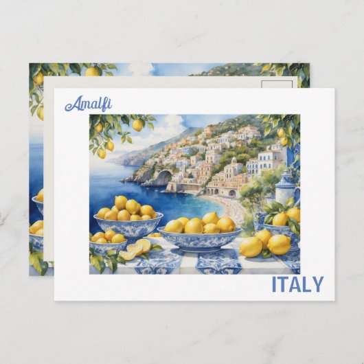 アマルフィイタリアンー海岸の青い白いタイルのレモンを表示 ポストカード (正面/裏面)