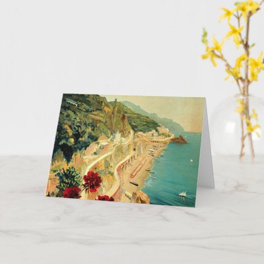 アマルフィイタリアンー海岸，ヴィンテージ旅行ポスターイタリア カード (黄色い花)