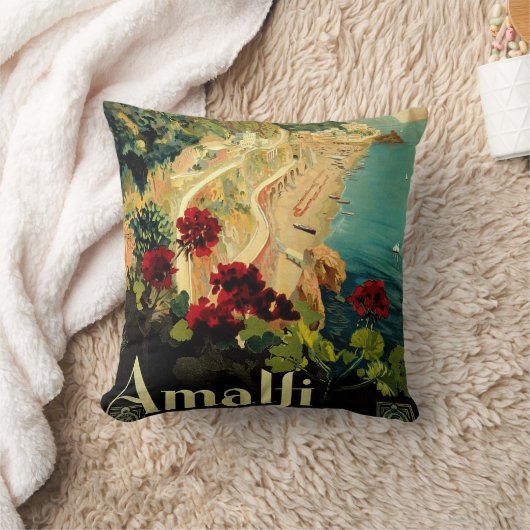 アマルフィイタリアンー海岸，ヴィンテージ旅行ポスターイタリア クッション (ブランケット)