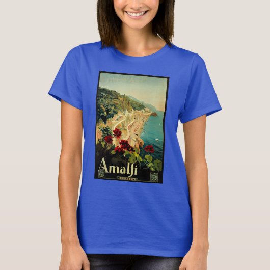 アマルフィイタリアンー海岸，ヴィンテージ旅行ポスターイタリア Tシャツ (正面)