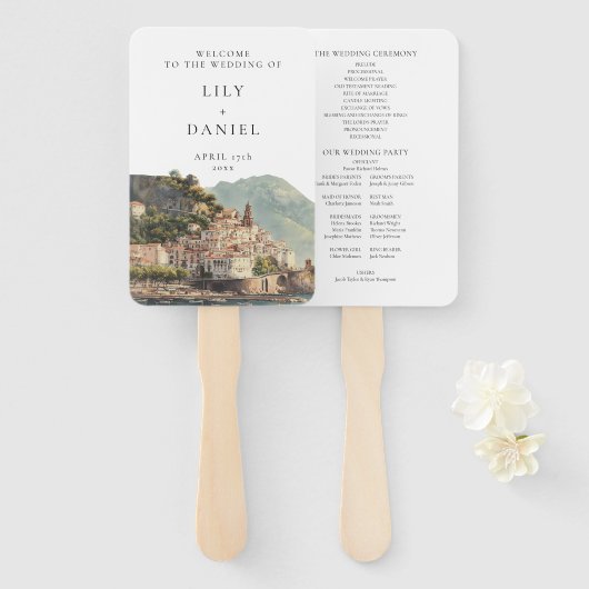 アマルフィイタリア水彩結婚式プログラム ハンドファン (正面&裏面)