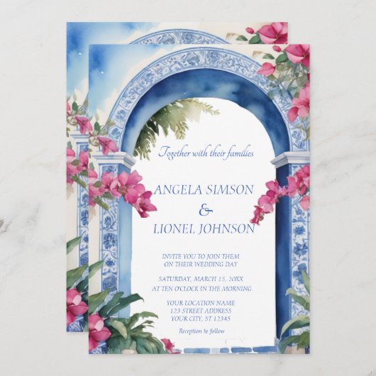 アマルフィコーストイタリアピンクの花ブガインビリア 招待状 (正面/裏面)