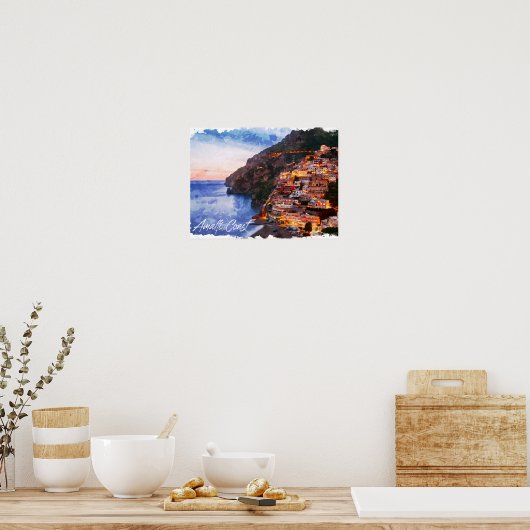 アマルフィコーストイタリア水彩海岸線ポジターノ ポスター (キッチン)