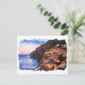 アマルフィコーストイタリア水彩海岸線ポジターノ ポストカード (スタンド正面)