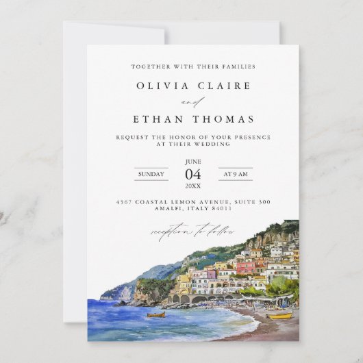 アマルフィコーストイタリア水彩目的地ウェディング 招待状 (正面)