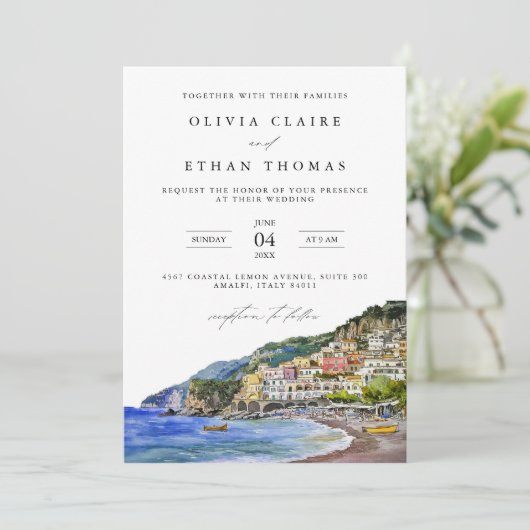 アマルフィコーストイタリア水彩目的地ウェディング 招待状 (スタンド正面)