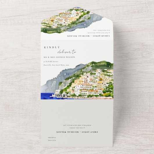 アマルフィコーストイタリア水彩風景結婚ズ オールインワン招待状 (外側)