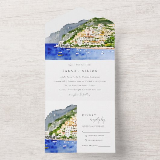 アマルフィコーストイタリア水彩風景結婚ズ オールインワン招待状 (内側)