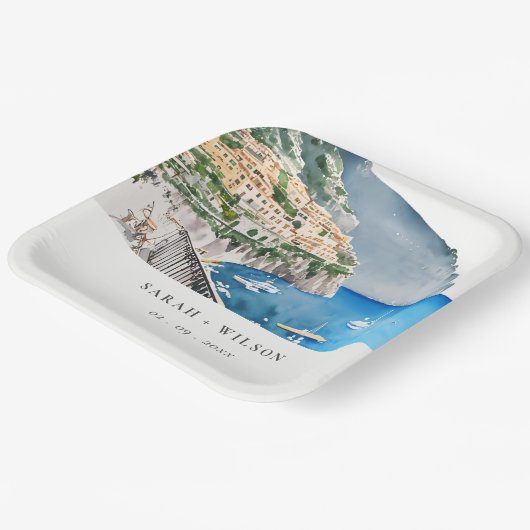 アマルフィコーストイタリア水彩風景結婚ズ ペーパープレート (傾斜あり)