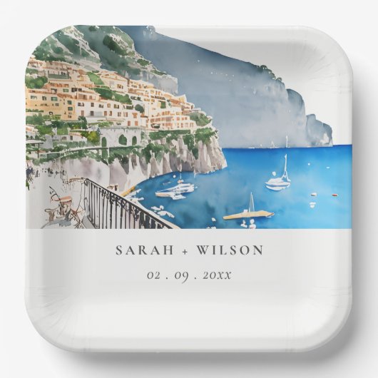 アマルフィコーストイタリア水彩風景結婚ズ ペーパープレート (正面)