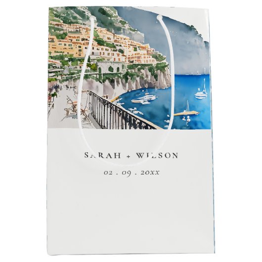 アマルフィコーストイタリア水彩風景結婚ズ ミディアムペーパーバッグ (正面)