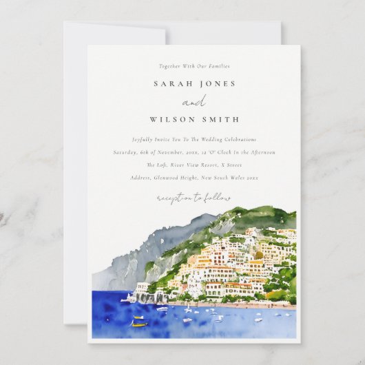 アマルフィコーストイタリア水彩風景結婚ズ 招待状 (正面)