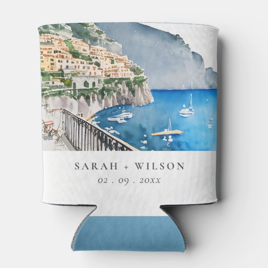 アマルフィコーストイタリア水彩風景結婚ズ 缶クーラー (裏面)