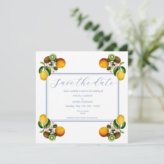 アマルフィコーストレモンタイルパーソナライズされたイタリア セーブザデート (スタンド正面)