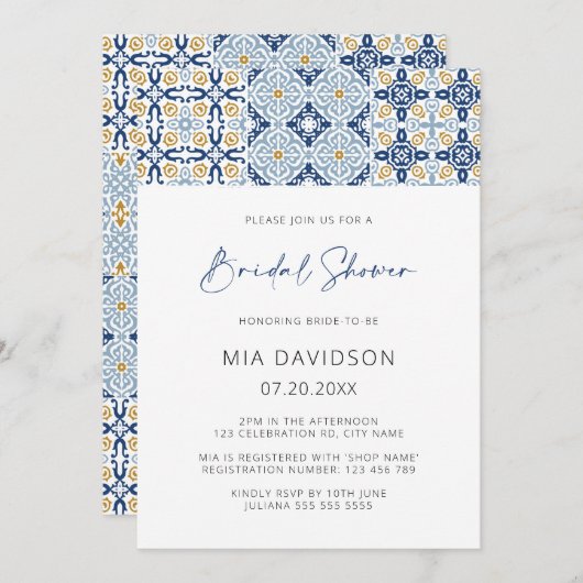 アマルフィタイルサマー地中海のブライダルシャワー 招待状 (正面/裏面)