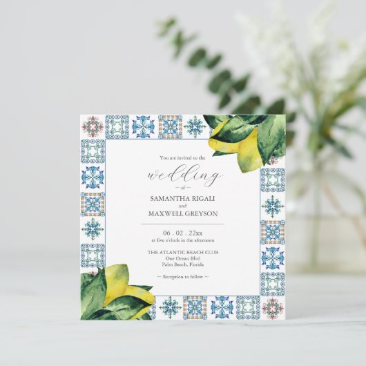 アマルフィタイル&ウォータカラーレモン結婚式招待状 招待状 (スタンド正面)
