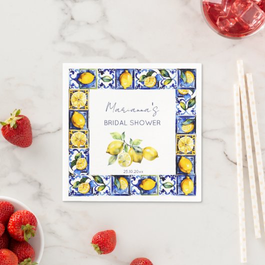 アマルフィポジターノブルータイルレモンブライダルシャワー スタンダードカクテルナプキン (インサイチュ)